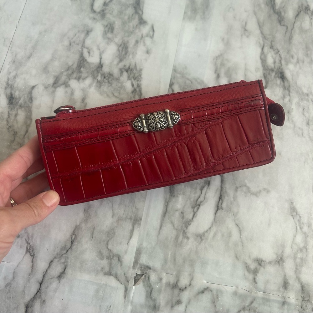 Brighton | Red Leather Croc Embossed Zip Up cosmetic Case Coin purse Makeup case - Picture 3 of 10